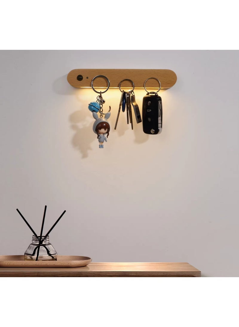 Portable Sensor Night Light Bedroom Magnetic Key Holder Cabinet Door Hanging Lamp USB Rechargeable warm white light (Beech Wood) - Image 1