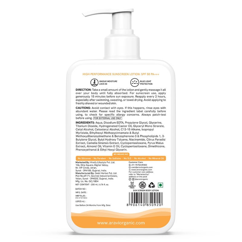 Aravi Organic لوسيون الجسم الواقي من الشمس خالي من الزيت من أرافي SPF 50 PA خفيف الوزن سريع الامتصاص بدون أثر أبيض حماية من UVA و UVB مع النياسيناميد وحمض الهيالورونيك وكوبري ثلاثي الببتيد 200 مل - Image 2