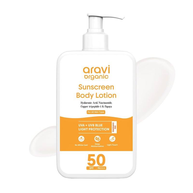 Aravi Organic لوسيون الجسم الواقي من الشمس خالي من الزيت من أرافي SPF 50 PA خفيف الوزن سريع الامتصاص بدون أثر أبيض حماية من UVA و UVB مع النياسيناميد وحمض الهيالورونيك وكوبري ثلاثي الببتيد 200 مل - Image 1