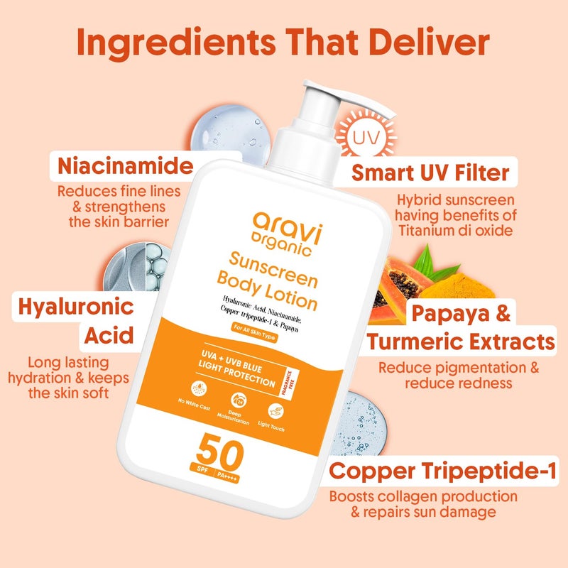 Aravi Organic لوسيون الجسم الواقي من الشمس خالي من الزيت من أرافي SPF 50 PA خفيف الوزن سريع الامتصاص بدون أثر أبيض حماية من UVA و UVB مع النياسيناميد وحمض الهيالورونيك وكوبري ثلاثي الببتيد 200 مل - Image 5