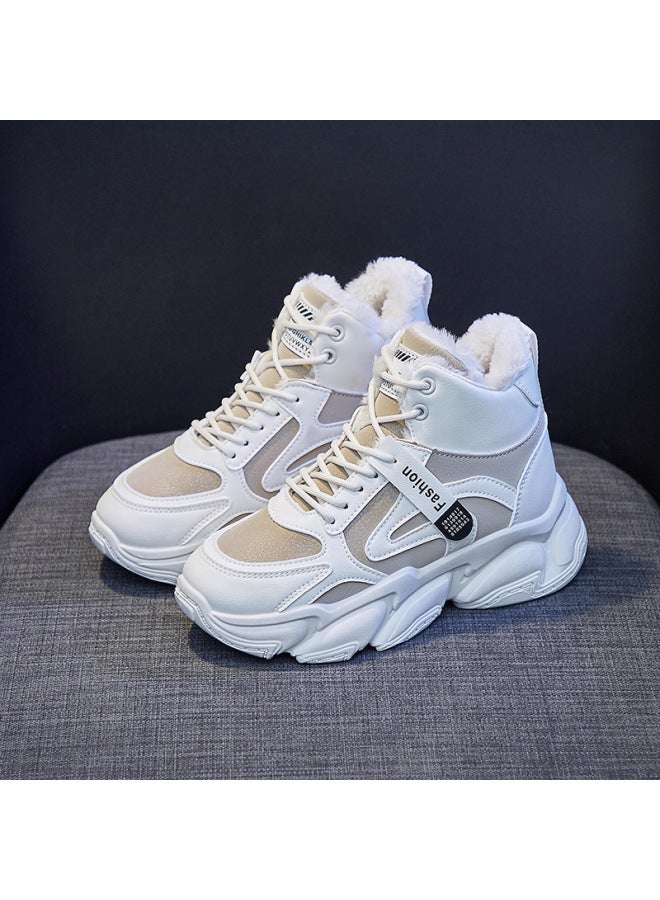 Fleece-lined Dad Sneakers For Women,  Winter New Korean Style Warm High-top Sneakers, Student Cotton Shoes, Trendy Shoes A09