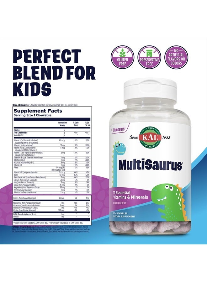 KAL MultiSaurus Kids Chewable Multivitamins, 11 Essential Vitamins and Minerals for Kids, Mixed Berry Flavor, Gluten and Preservative Free, 90 Servings, 90 Dinosaur-Shaped Chewables - Image 2