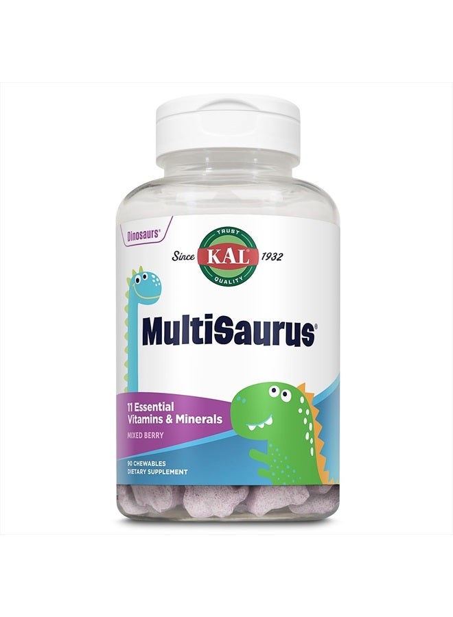 KAL MultiSaurus Kids Chewable Multivitamins, 11 Essential Vitamins and Minerals for Kids, Mixed Berry Flavor, Gluten and Preservative Free, 90 Servings, 90 Dinosaur-Shaped Chewables - Image 1