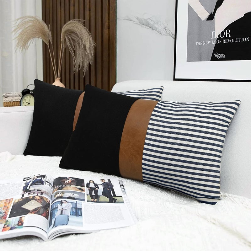cygnus 12x20 Pillow Covers Set of 2 Farmhouse Decor Stripe Patchwork Linen Lumbar Pillow Covers Modern Faux Leather Covers for Couch Sofa Navy Blue - Image 1