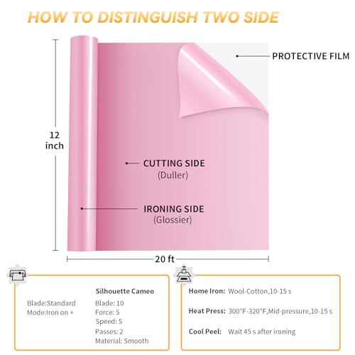 VinylRus Heat Transfer Vinyl-12” x 20ft Pink Iron on Vinyl Roll for Shirts, HTV Vinyl for Silhouette Cameo,Easy to Cut & Weed - Image 4