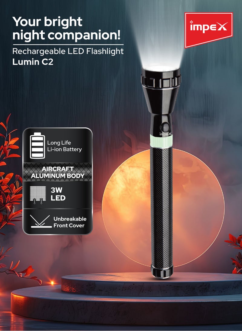 إمبكس كشاف يدوي قابل لإعادة الشحن مع مصباح LED بقوة 3 واط | بطارية ليثيوم 2SC بسعة 1500mAh | شعاع فائق السطوع بقدرة 140–160 لومن | مدى إضاءة حقيقي حتى 300 متر | هيكل من الألمنيوم المقاوم للتآكل | وقت تشغيل 2–3 ساعات | وقت شحن 8 ساعات | مفتاح متين ومؤشر شحن | مثالي للاستخدام الخارجي والطوارئ والمنزل – IMPEX LUMIN C2 - Image 3