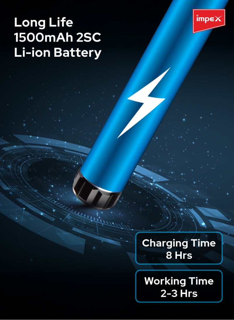 إمبكس كشاف يدوي قابل لإعادة الشحن مع مصباح LED بقوة 3 واط | بطارية ليثيوم 2SC بسعة 1500mAh | شعاع فائق السطوع بقدرة 140–160 لومن | مدى إضاءة حقيقي حتى 300 متر | هيكل من الألمنيوم المقاوم للتآكل | وقت تشغيل 2–3 ساعات | وقت شحن 8 ساعات | مفتاح متين ومؤشر شحن | مثالي للاستخدام الخارجي والطوارئ والمنزل – IMPEX LUMIN C2 - Image 4