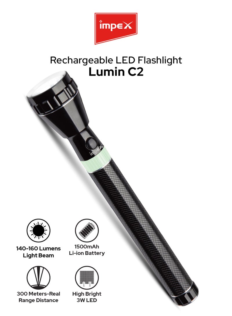 إمبكس كشاف يدوي قابل لإعادة الشحن مع مصباح LED بقوة 3 واط | بطارية ليثيوم 2SC بسعة 1500mAh | شعاع فائق السطوع بقدرة 140–160 لومن | مدى إضاءة حقيقي حتى 300 متر | هيكل من الألمنيوم المقاوم للتآكل | وقت تشغيل 2–3 ساعات | وقت شحن 8 ساعات | مفتاح متين ومؤشر شحن | مثالي للاستخدام الخارجي والطوارئ والمنزل – IMPEX LUMIN C2 - Image 1