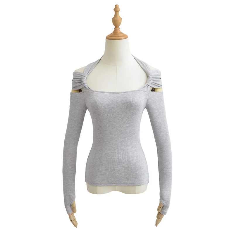 American Ins Girl Solid Color Off-The-Shoulder Halter Long Sleeve T-Shirt Women'S 2023 Autumn Short Stretch Slim Temperament Bottoming Shirt - Image 3