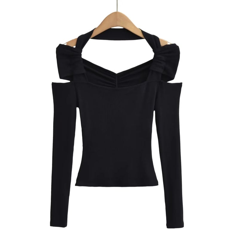 American Ins Girl Solid Color Off-The-Shoulder Halter Long Sleeve T-Shirt Women'S 2023 Autumn Short Stretch Slim Temperament Bottoming Shirt - Image 1
