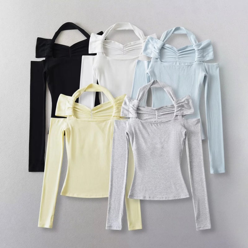 American Ins Girl Solid Color Off-The-Shoulder Halter Long Sleeve T-Shirt Women'S 2023 Autumn Short Stretch Slim Temperament Bottoming Shirt - Image 5