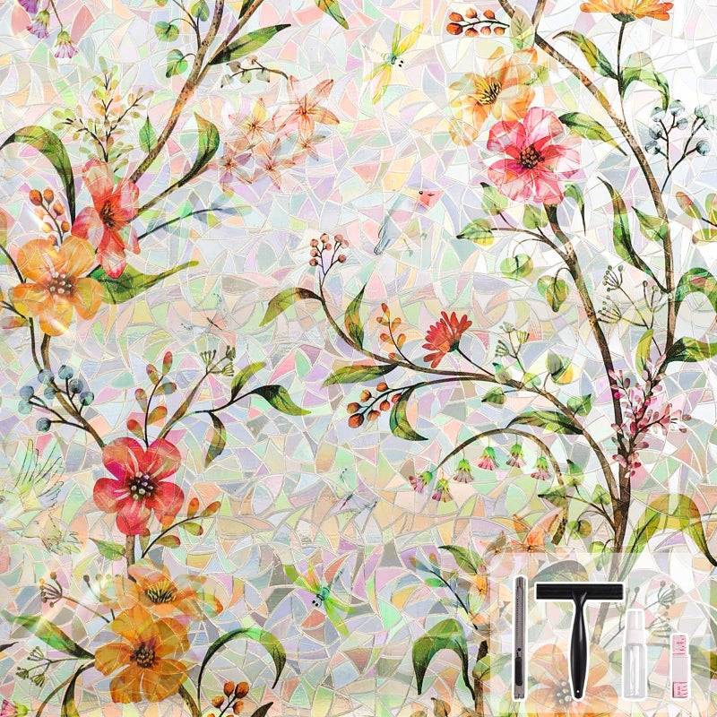 NINETREX Privacy Window Film, Stained Glass Window Film, Floral Rainbow Stickers Static Cling Vinyl Anti UV Heat Control No Glue for Glass Doors Home (Galsang Flower,17.5 x 78.7inch) - Image 1