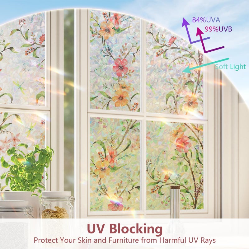 NINETREX Privacy Window Film, Stained Glass Window Film, Floral Rainbow Stickers Static Cling Vinyl Anti UV Heat Control No Glue for Glass Doors Home (Galsang Flower,17.5 x 78.7inch) - Image 2