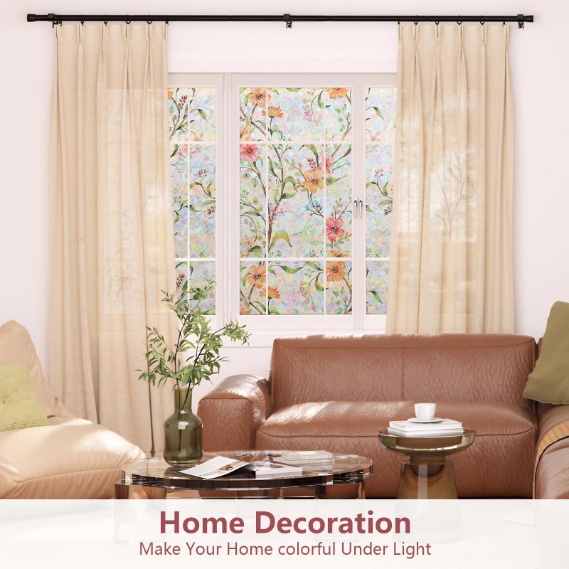 NINETREX Privacy Window Film, Stained Glass Window Film, Floral Rainbow Stickers Static Cling Vinyl Anti UV Heat Control No Glue for Glass Doors Home (Galsang Flower,17.5 x 78.7inch) - Image 3
