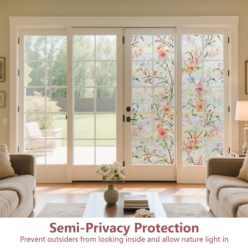 NINETREX Privacy Window Film, Stained Glass Window Film, Floral Rainbow Stickers Static Cling Vinyl Anti UV Heat Control No Glue for Glass Doors Home (Galsang Flower,17.5 x 78.7inch) - Image 4