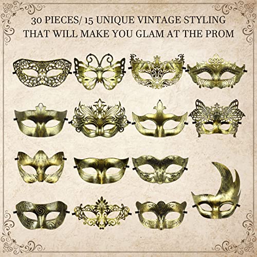 Yunsailing 30 Pieces Masquerade Mask Antique Masks with Straps for Halloween Women Men Mardi Gras Venetian Ball Party(Gold) - Image 3