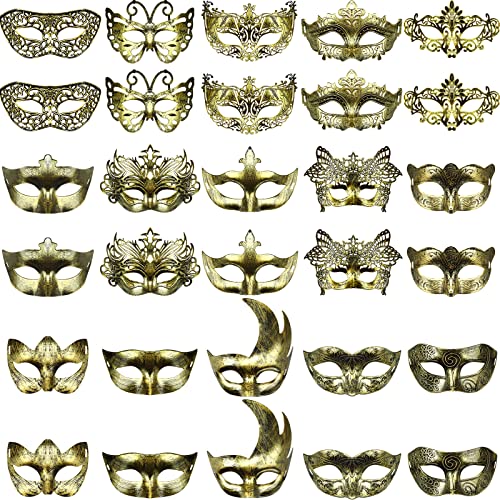 Yunsailing 30 Pieces Masquerade Mask Antique Masks with Straps for Halloween Women Men Mardi Gras Venetian Ball Party(Gold) - Image 1