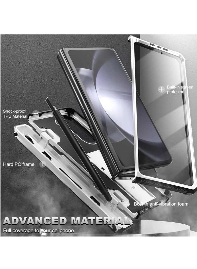 Rugged Galaxy Z Fold 5 Case with Screen Protector, Hinge Protection, Pen Holder & Kickstand - White - Wireless Charging Support - Image 5