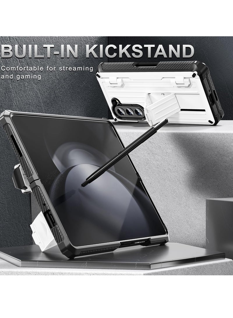 Rugged Galaxy Z Fold 5 Case with Screen Protector, Hinge Protection, Pen Holder & Kickstand - White - Wireless Charging Support - Image 4