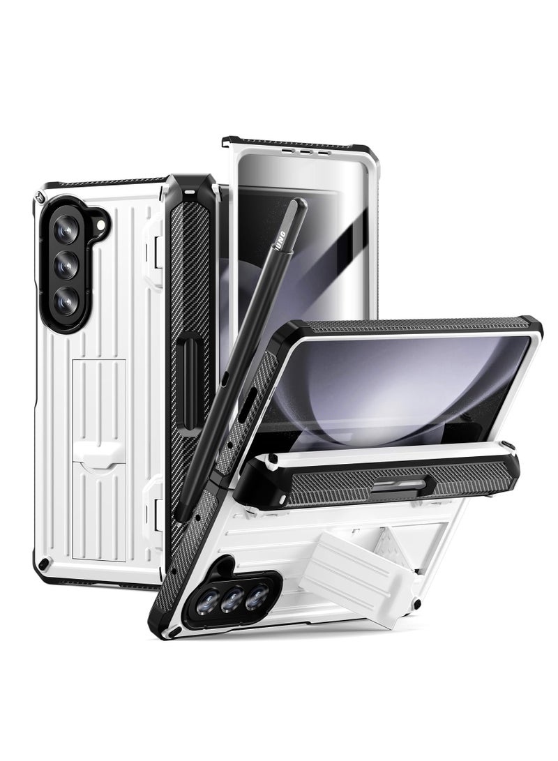 Rugged Galaxy Z Fold 5 Case with Screen Protector, Hinge Protection, Pen Holder & Kickstand - White - Wireless Charging Support - Image 1