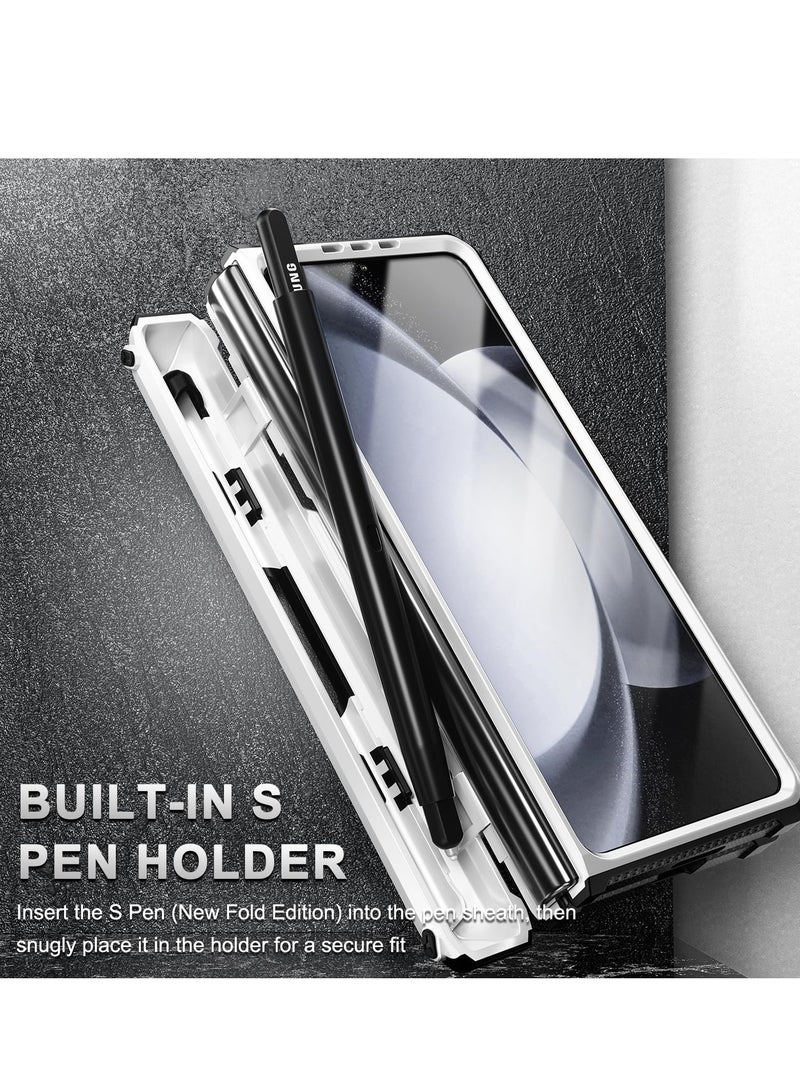 Rugged Galaxy Z Fold 5 Case with Screen Protector, Hinge Protection, Pen Holder & Kickstand - White - Wireless Charging Support - Image 3