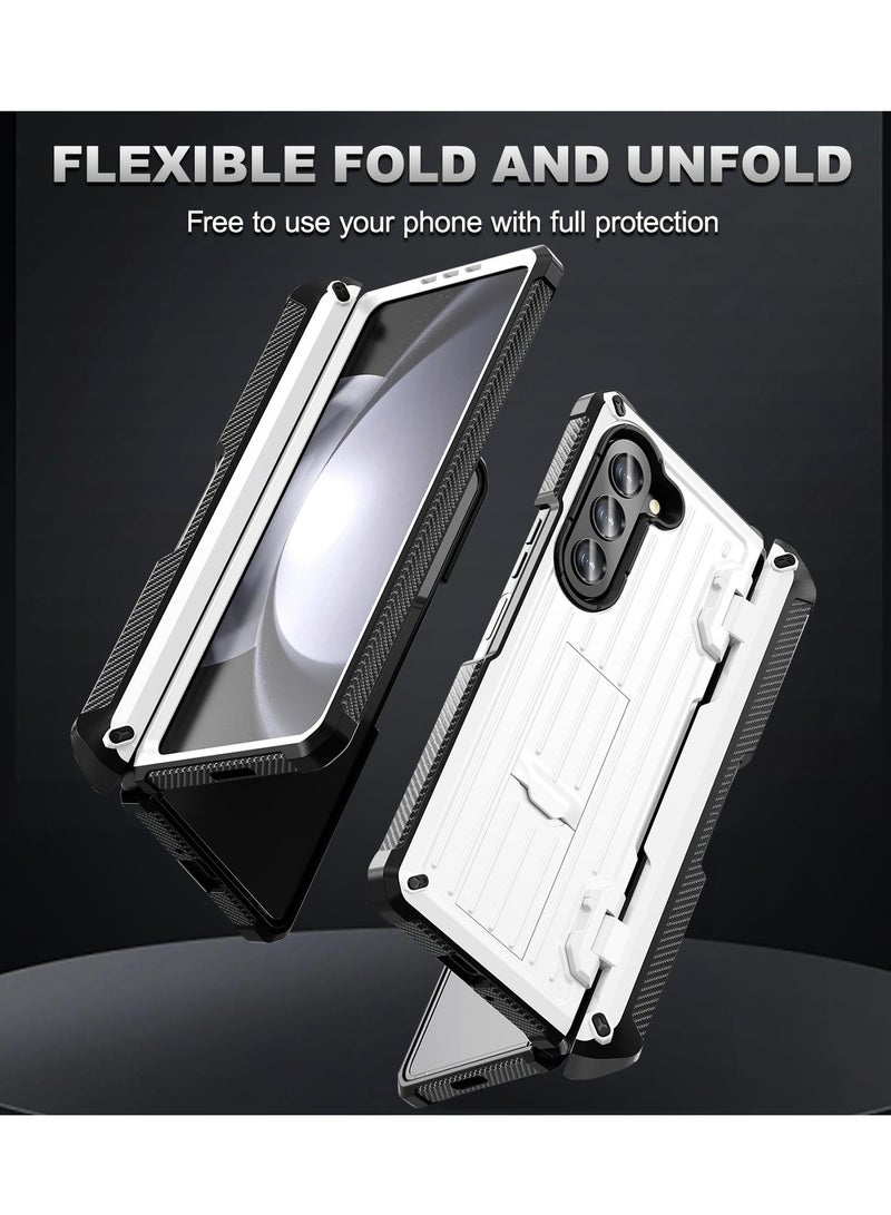 Rugged Galaxy Z Fold 5 Case with Screen Protector, Hinge Protection, Pen Holder & Kickstand - White - Wireless Charging Support - Image 2