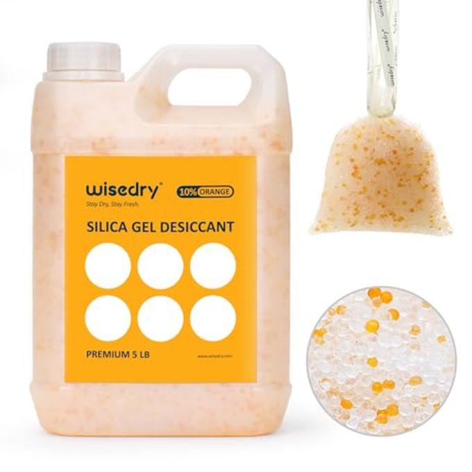wisedry [ 5 LBS ] Silica Gel Beads Reusable Color Indicating Rechargeable Desiccant Bulk with 10 Pcs Organza Drawstring Bags - Image 1