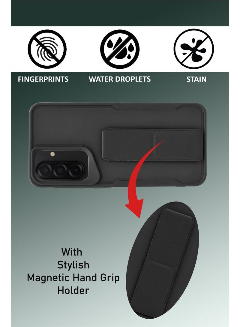 3-in-1 Magnetic Wrist Strap Hand Grip Stand Back Case Cover With Foldable Kickstand & Finger Strap for Samsung Galaxy A56- Black - Image 4