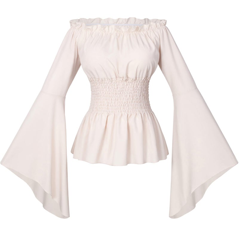 Irtysh Womens Renaissance Victorian Peasant Ruffle Smocked Waist Boho Pirate Shirt Blouse Cosplay Costume(A-BG-L) Beige - Image 2