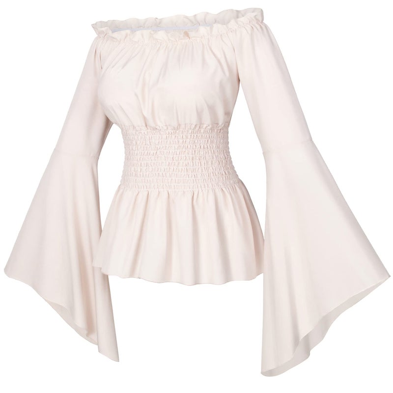 Irtysh Womens Renaissance Victorian Peasant Ruffle Smocked Waist Boho Pirate Shirt Blouse Cosplay Costume(A-BG-L) Beige - Image 1