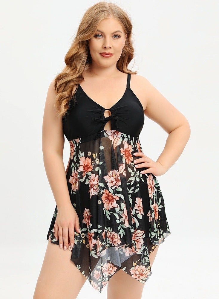 Womens 2 peice set Swimsuits Drawstring V-Neck Slip Swim Dress And Boxer Brief Bottom Swimwear Bathing Suits Black Print  - Image 1