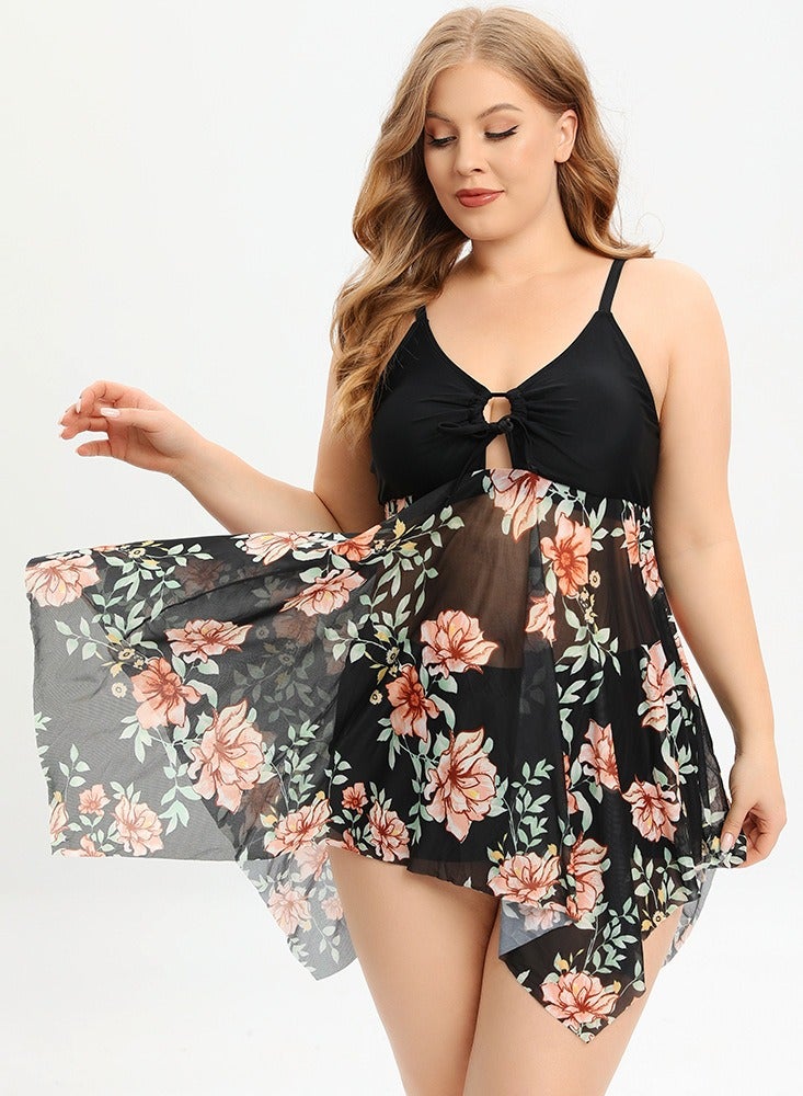 Womens 2 peice set Swimsuits Drawstring V-Neck Slip Swim Dress And Boxer Brief Bottom Swimwear Bathing Suits Black Print  - Image 2