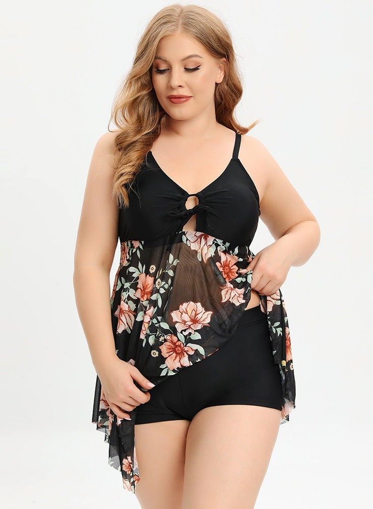 Womens 2 peice set Swimsuits Drawstring V-Neck Slip Swim Dress And Boxer Brief Bottom Swimwear Bathing Suits Black Print  - Image 3