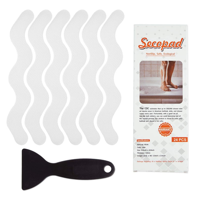 Secopad USA Patented Anti Slip Shower Stickers 24 PCS Safety Bathtub Strips Adhesive Decals with Premium Scraper for Bath Tub Shower Stairs - Image 1