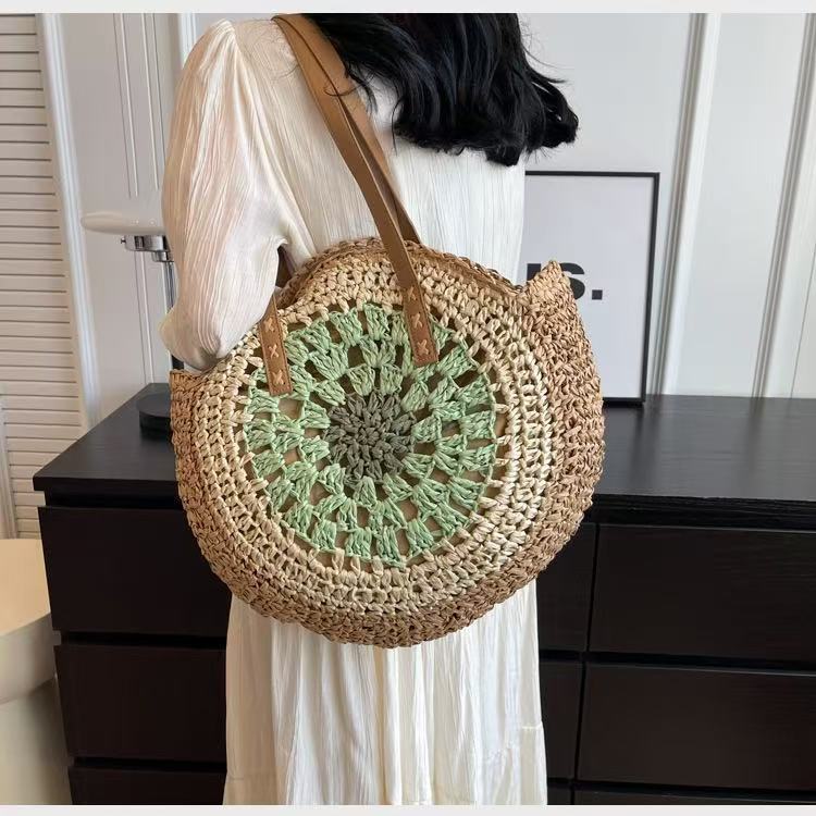 Handmade Color-Blocked Straw Bag – Large Capacity Beach Tote for Women - Image 2