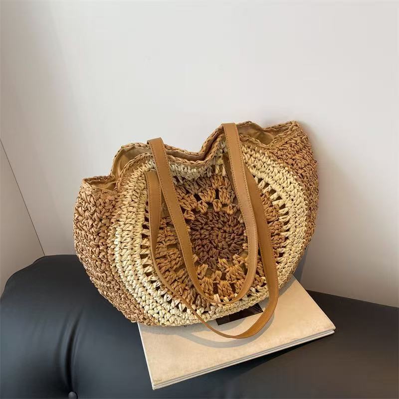 Handmade Color-Blocked Straw Bag – Large Capacity Beach Tote for Women - Image 3