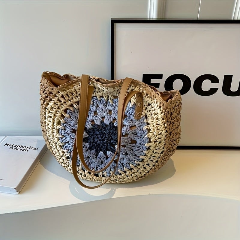 Handmade Color-Blocked Straw Bag – Large Capacity Beach Tote for Women - Image 4