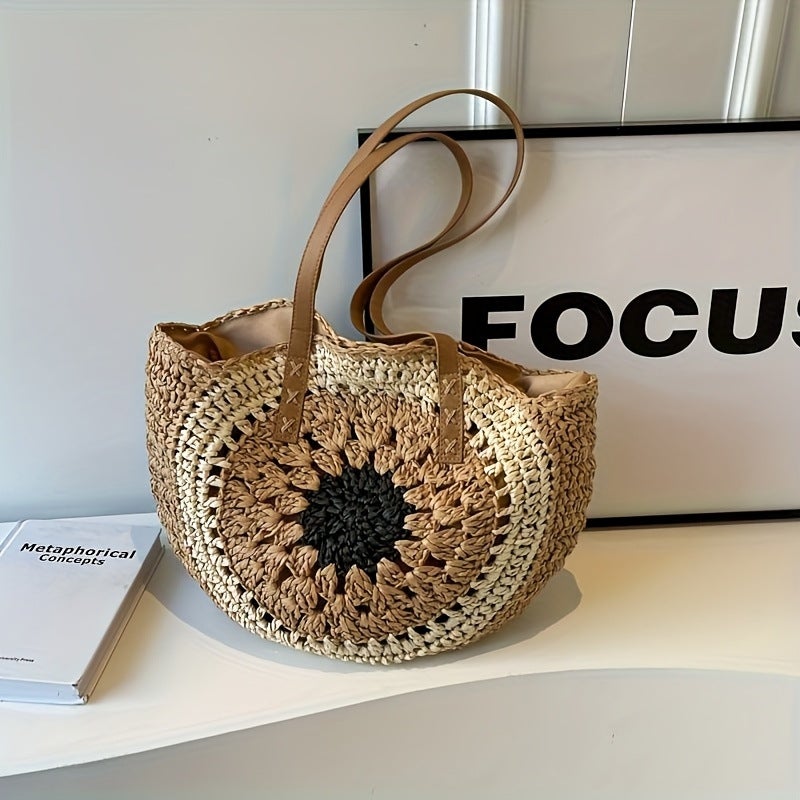 Handmade Color-Blocked Straw Bag – Large Capacity Beach Tote for Women - Image 1