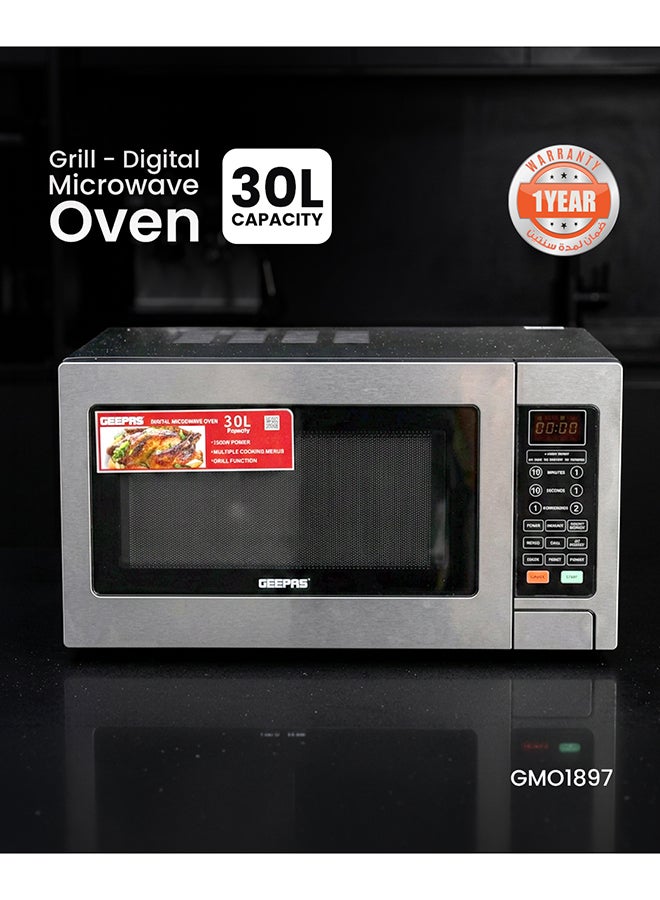 GEEPAS Digital Microwave Oven | Ideal For Grilling-Roasting-Heating 30 L 1000 W GMO1897 Silver & Black - Image 2