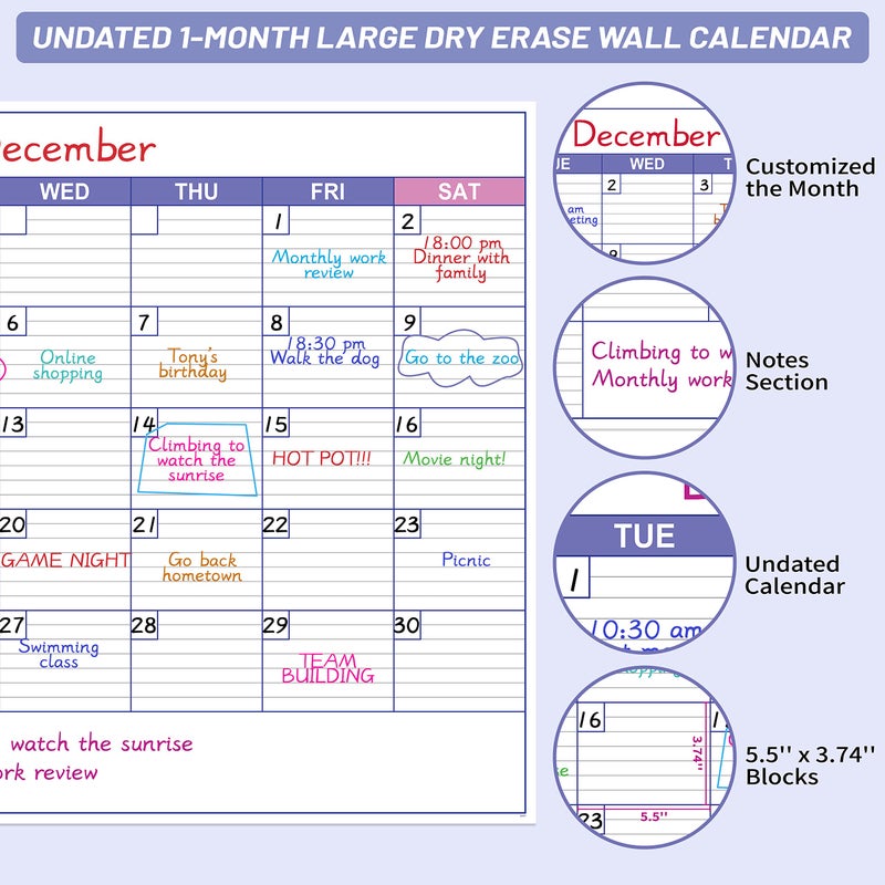 BooQool Large Dry Erase Calendar for Wall - Undated 1 Month Wall Calendar, 40" x 30", Erasable & Reusable Laminated Calendar with 8 Round Stickers, Great Layout Wall Calendar Dry Erase for Home, Office and School - Image 3