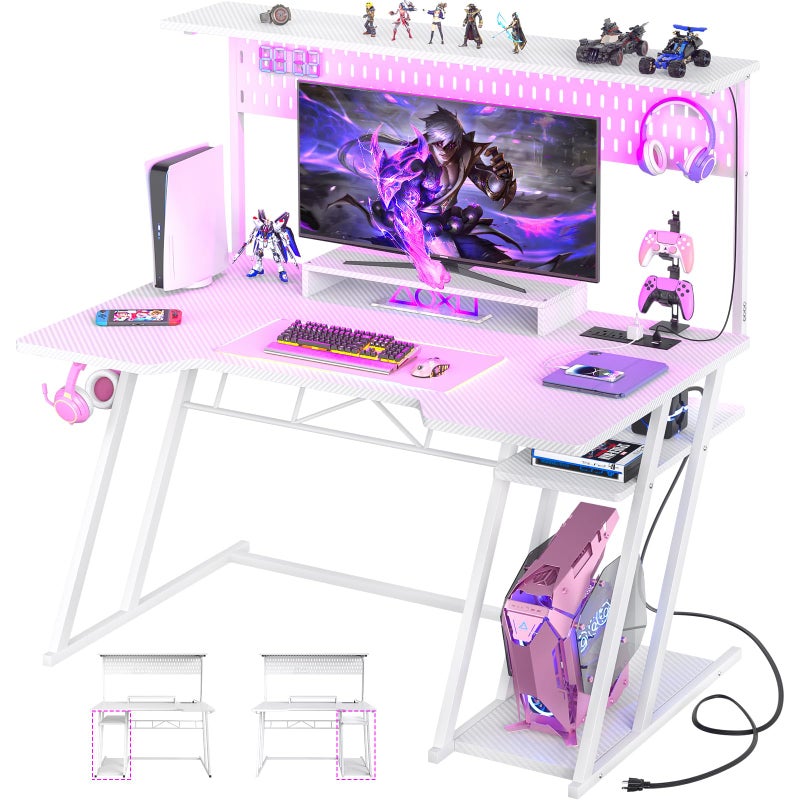مكتب ألعاب أرموسيتي مع مآخذ طاقة مكتب ألعاب مع رف وأضواء LED مكتب ألعاب PC قابل للعكس مع لوح تثبيت ألياف الكربون أبيض 47