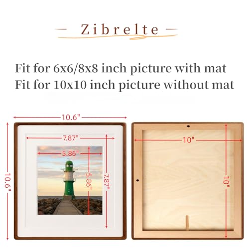 Zibrelte Natural 10x10 Picture Frame Wood with 6x6/8x8 Mat,Square Wall Photo Frames 10 by 10 Made of Solid Walnut Wood for Tabletop Gallery Wall Hanging - Image 3