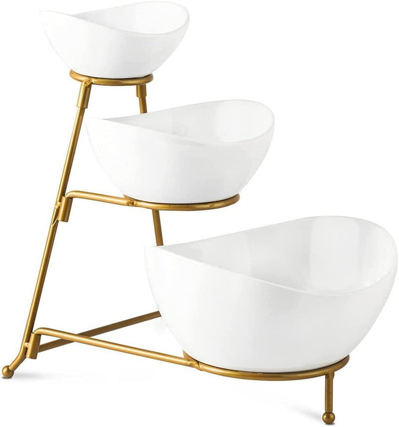 Gomakren 3 Tiered Oval Serving Bowl With Collapsible Metal Rack Chip and Dip Serving Set Dessert Appetizer Candy Fruit Vegetable Bowl Set White Serving Bowls For EntertainingGold Stand