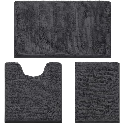 HOMEIDEAS 3 Pieces Bathroom Rugs Ultra Soft Non Slip Absorbent Chenille Toilet Bath Mat Set CharcoalDark Grey