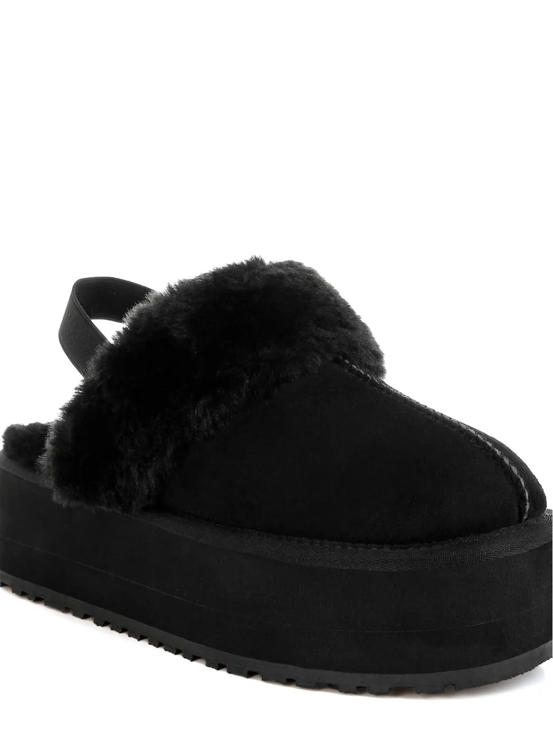 London Rag Faux Fur Trim Platform Classic Slingback in Black