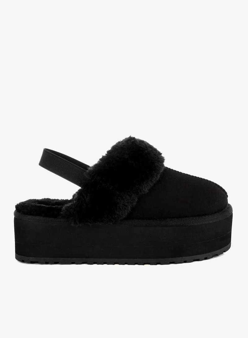 Faux Fur Trim Platform Classic Slingback in Black