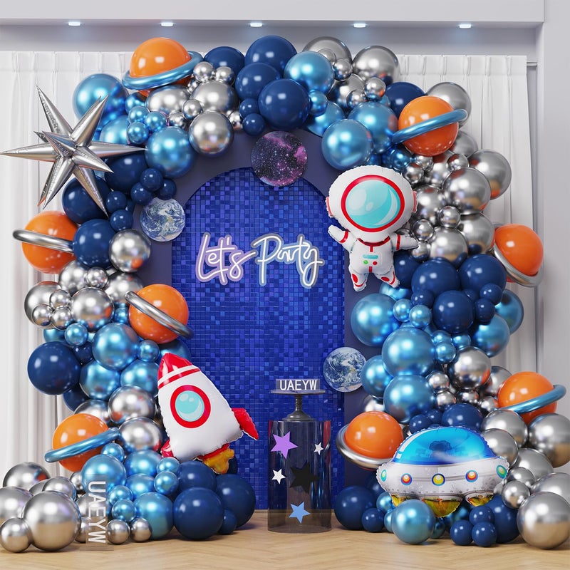 UAEYW Outer Space Birthday Party Decorations 146Pcs Astronaut Balloon Arch Garland Kit, UFO Rocket Astronaut Foil Balloons, Navy Blue Metallic Silver Blue Balloons for Kids Boys Space Theme Party Decor - Image 1