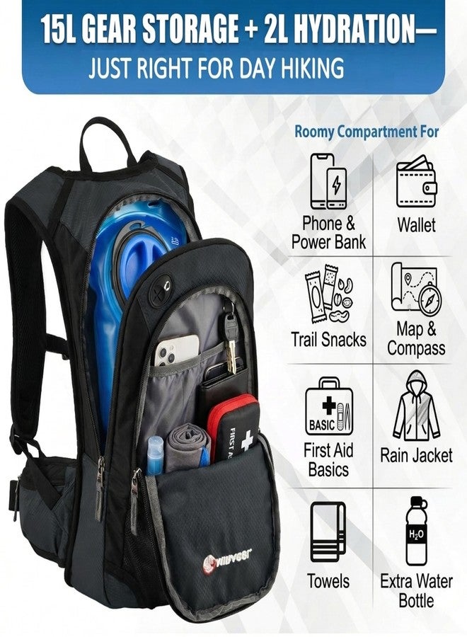 Miracol Hiking Hydration Backpack with Bladder: 2L Water Reservoir for 8H Hydration - Insulated Keep Water Cold 4 Hours - 15L Capacity & Adjustable Straps Comfortable for Day Hiking (Grey) - Image 3