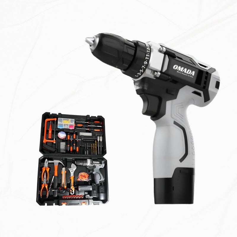 Omada Professional Tool kit with Cordless Drill, 16.8V Lithium Ion Battery, 3/8" Chuck 105Pcs Cordless Drill Household Power Tools Set with Claw Hammer Wrenches Pliers DIY Accessories - Image 1