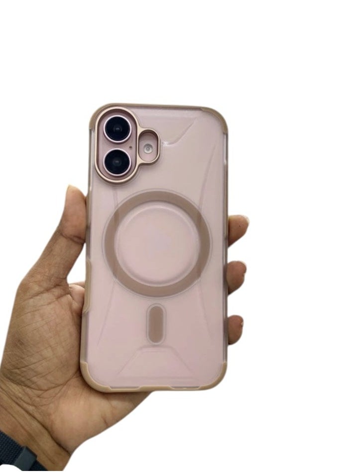 Generic - Shockproof Leather Phone Case with Wireless Charger Magsafe Case for iPhone 16  pink/Clear - Image 1